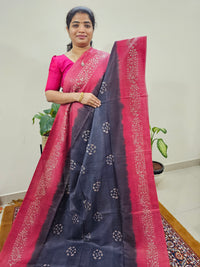 Bhagalpuri Zari Weaving with Batik Print - Blue with Pink