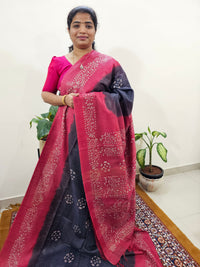 Bhagalpuri Zari Weaving with Batik Print - Blue with Pink