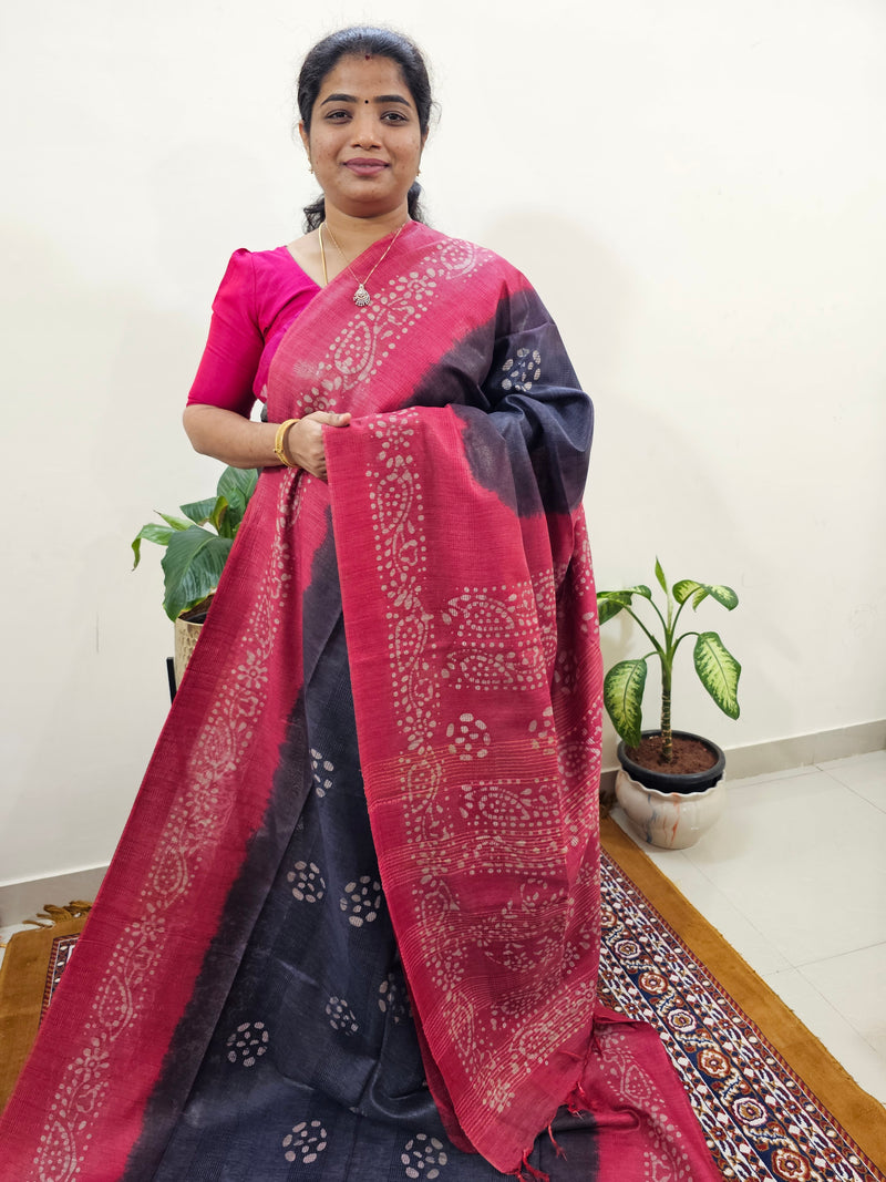 Bhagalpuri Zari Weaving with Batik Print - Blue with Pink