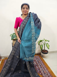 Bhagalpuri Zari Weaving with Batik Print - Grey with Sea Green