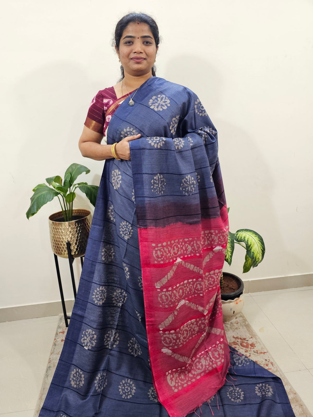 Bhagalpuri with Batik Print - Blue with Pink