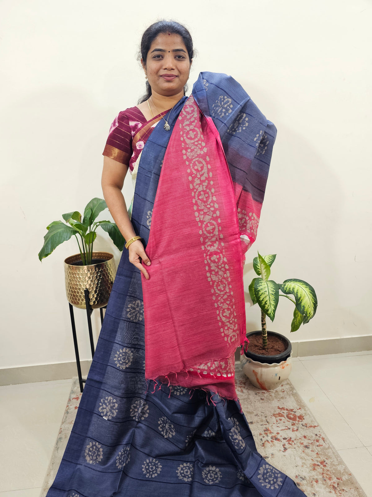 Bhagalpuri with Batik Print - Blue with Pink