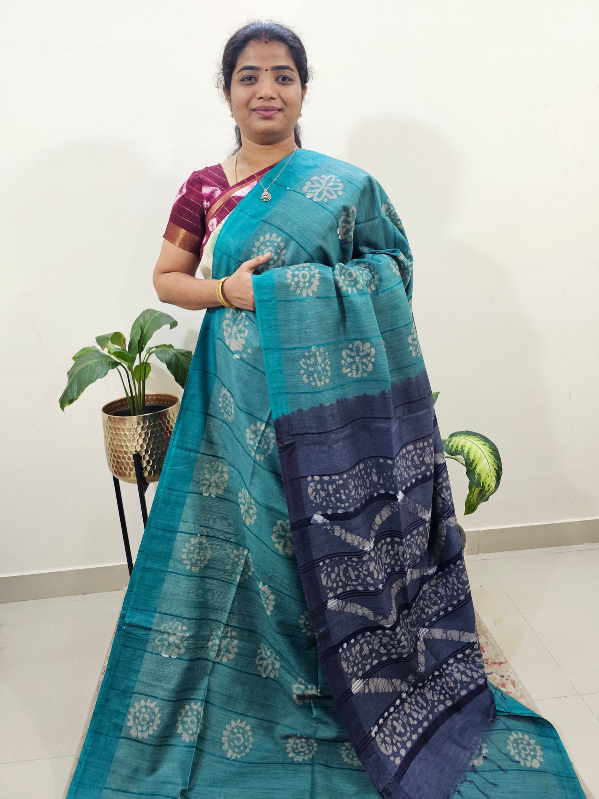 Bhagalpuri with Batik Print - Sea Greennwith Blue