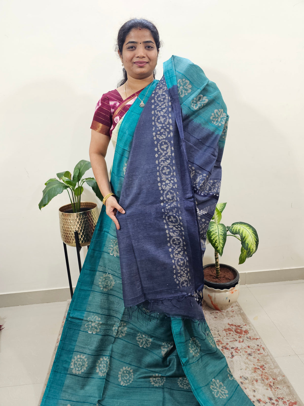 Bhagalpuri with Batik Print - Sea Greennwith Blue