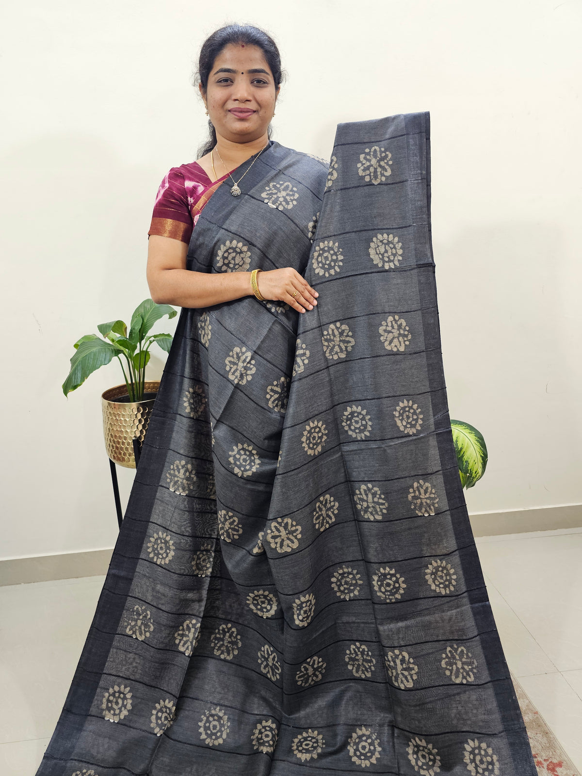 Bhagalpuri with Batik Print - Grey with Blue