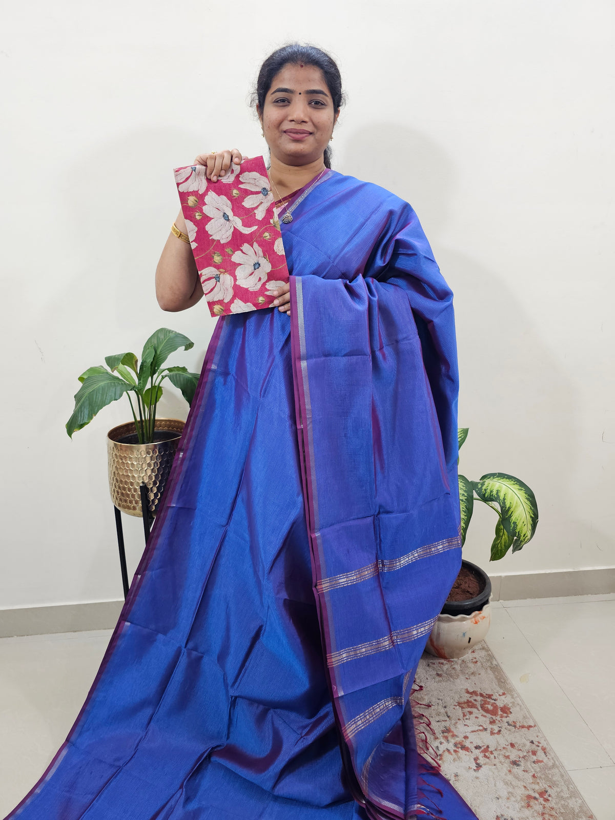 Mangalagiri Silk Cotton - Dual Shade Peacock Blue with Maroon