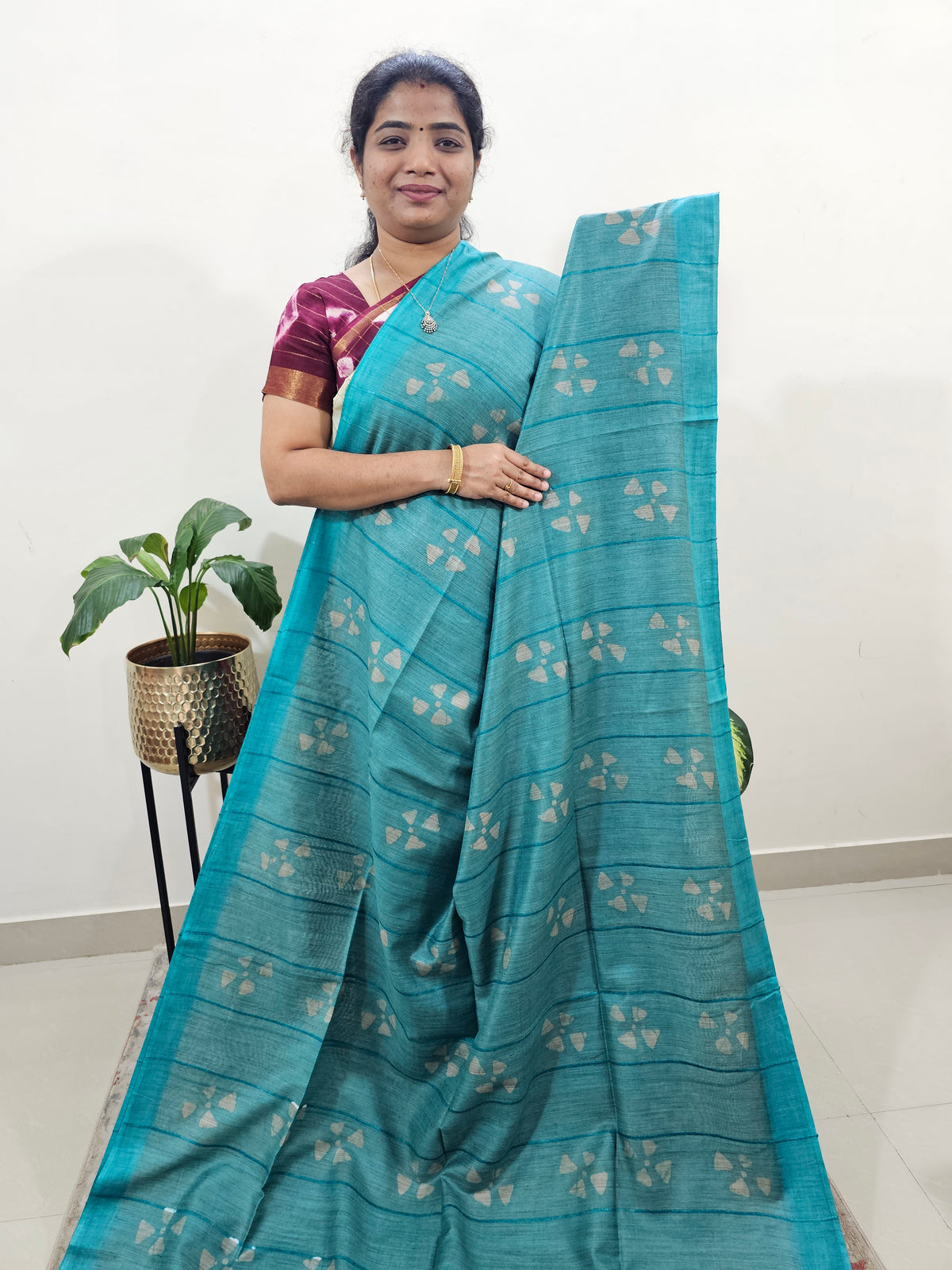 Bhagalpuri Zari Weaving with Batik Print - Sea Green with Blue