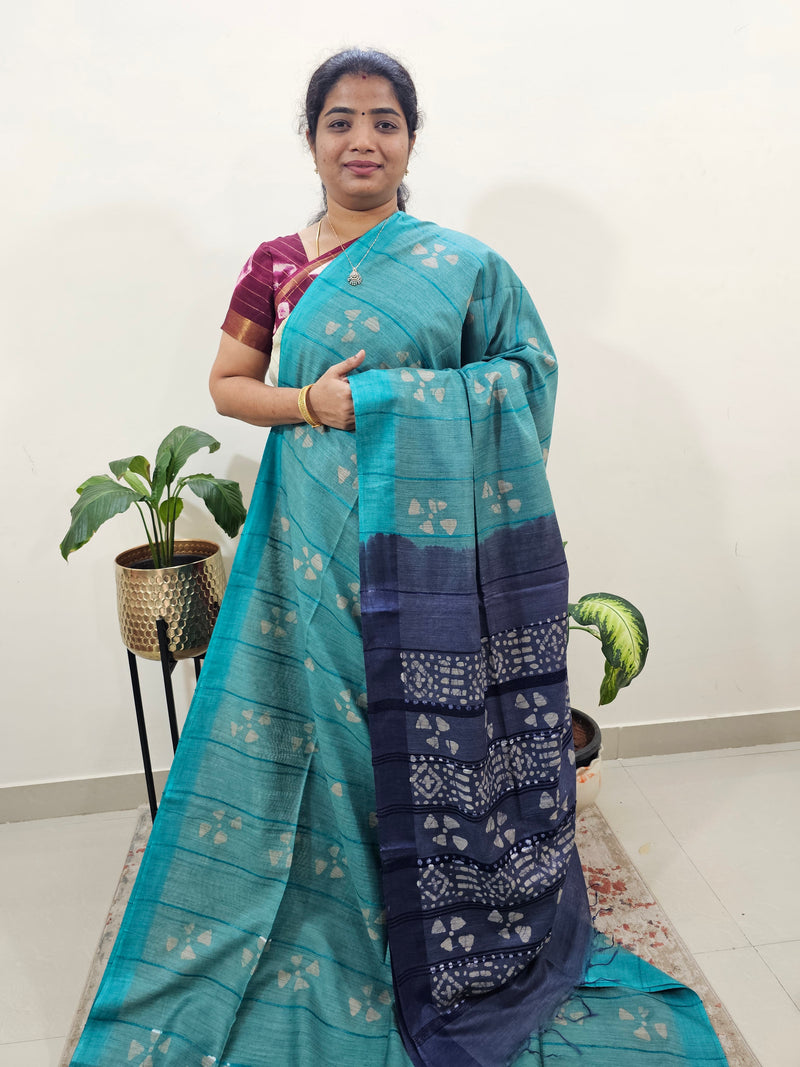 Bhagalpuri Zari Weaving with Batik Print - Sea Green with Blue