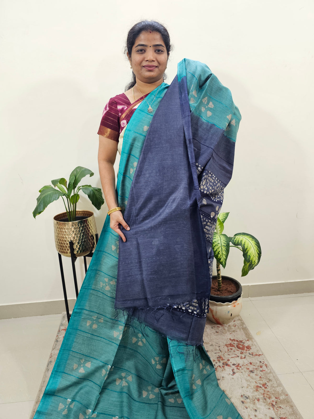 Bhagalpuri Zari Weaving with Batik Print - Sea Green with Blue
