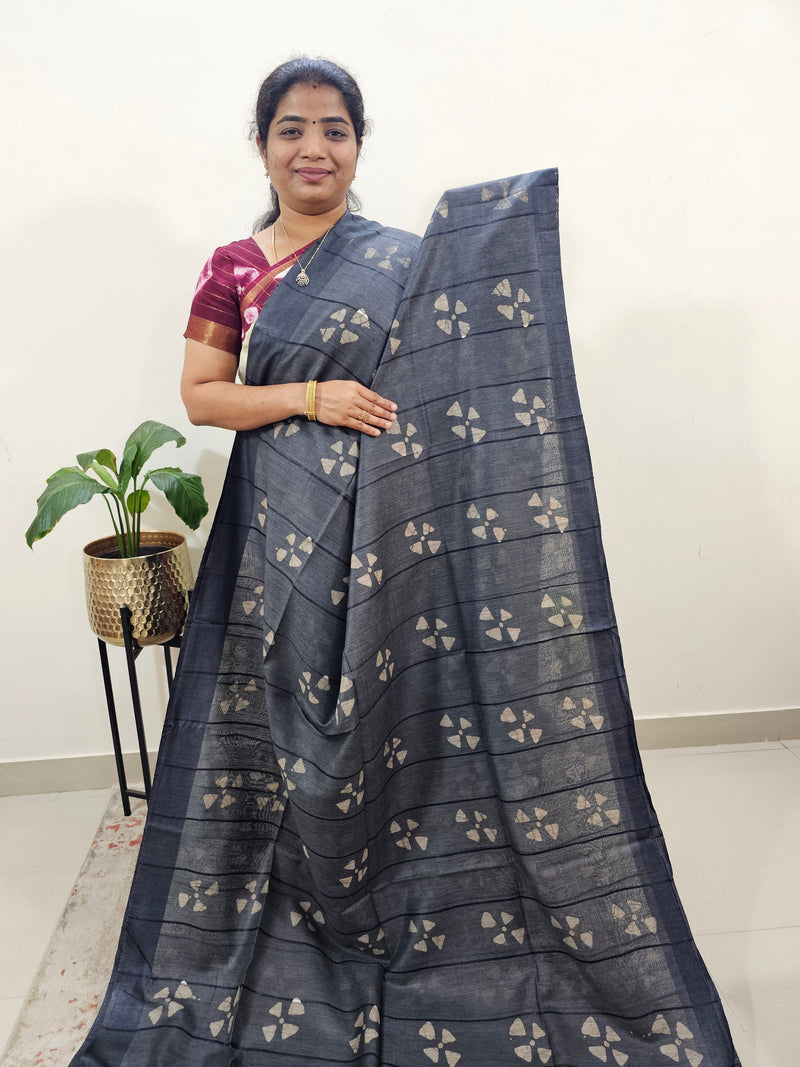 Bhagalpuri Zari Weaving with Batik Print - Grey with Blue