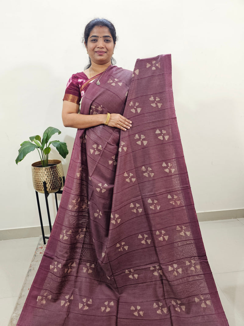 Bhagalpuri Zari Weaving with Batik Print - Brown with Honey Brown