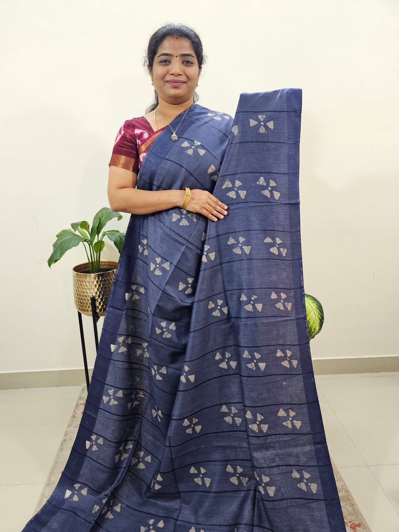 Bhagalpuri Zari Weaving with Batik Print - Blue with Pink