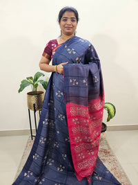 Bhagalpuri Zari Weaving with Batik Print - Blue with Pink