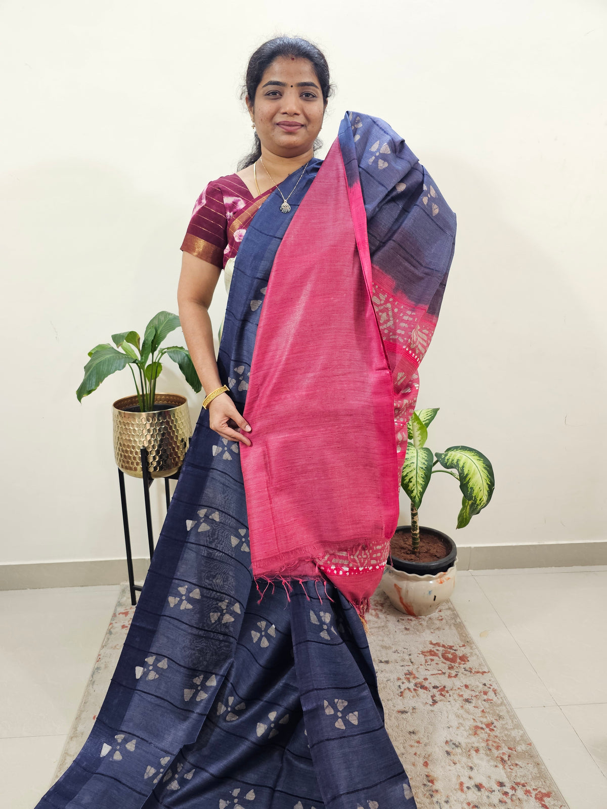 Bhagalpuri Zari Weaving with Batik Print - Blue with Pink
