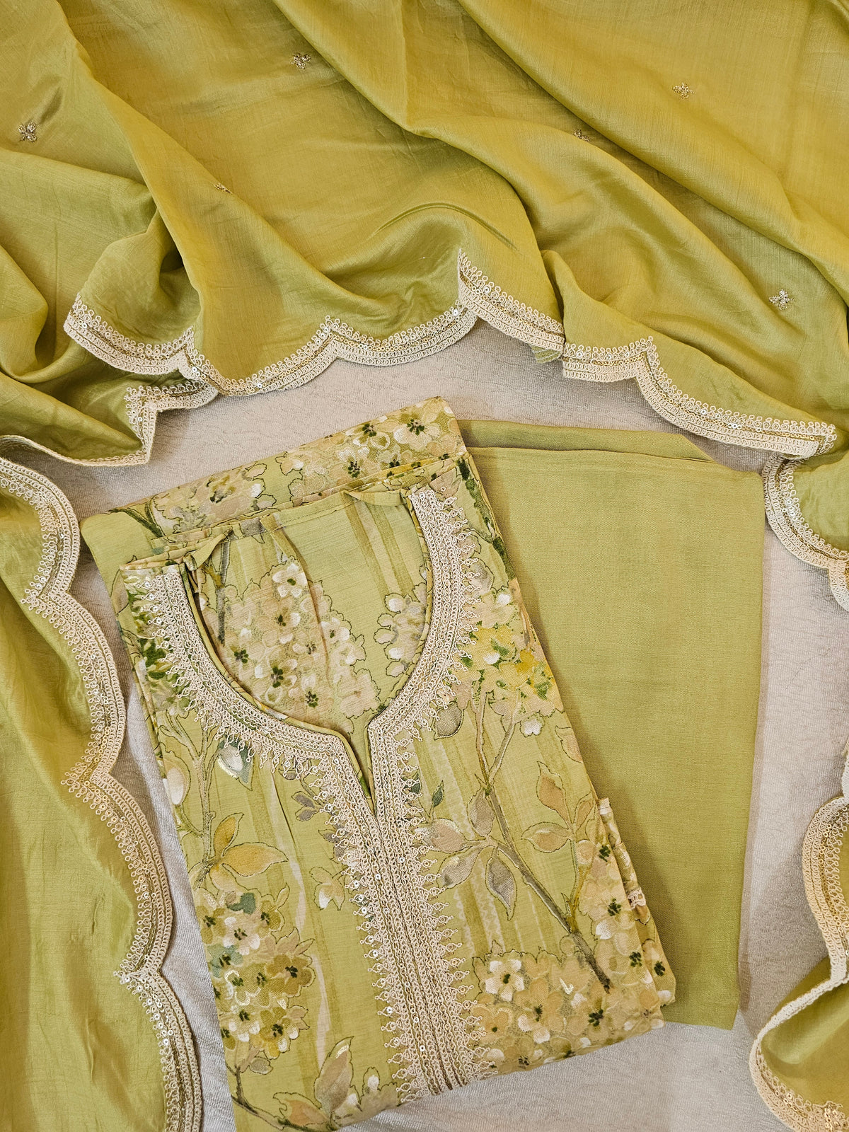 Modal Silk Unstitched Salwar Suit - Olive Green