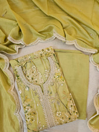 Modal Silk Unstitched Salwar Suit - Olive Green