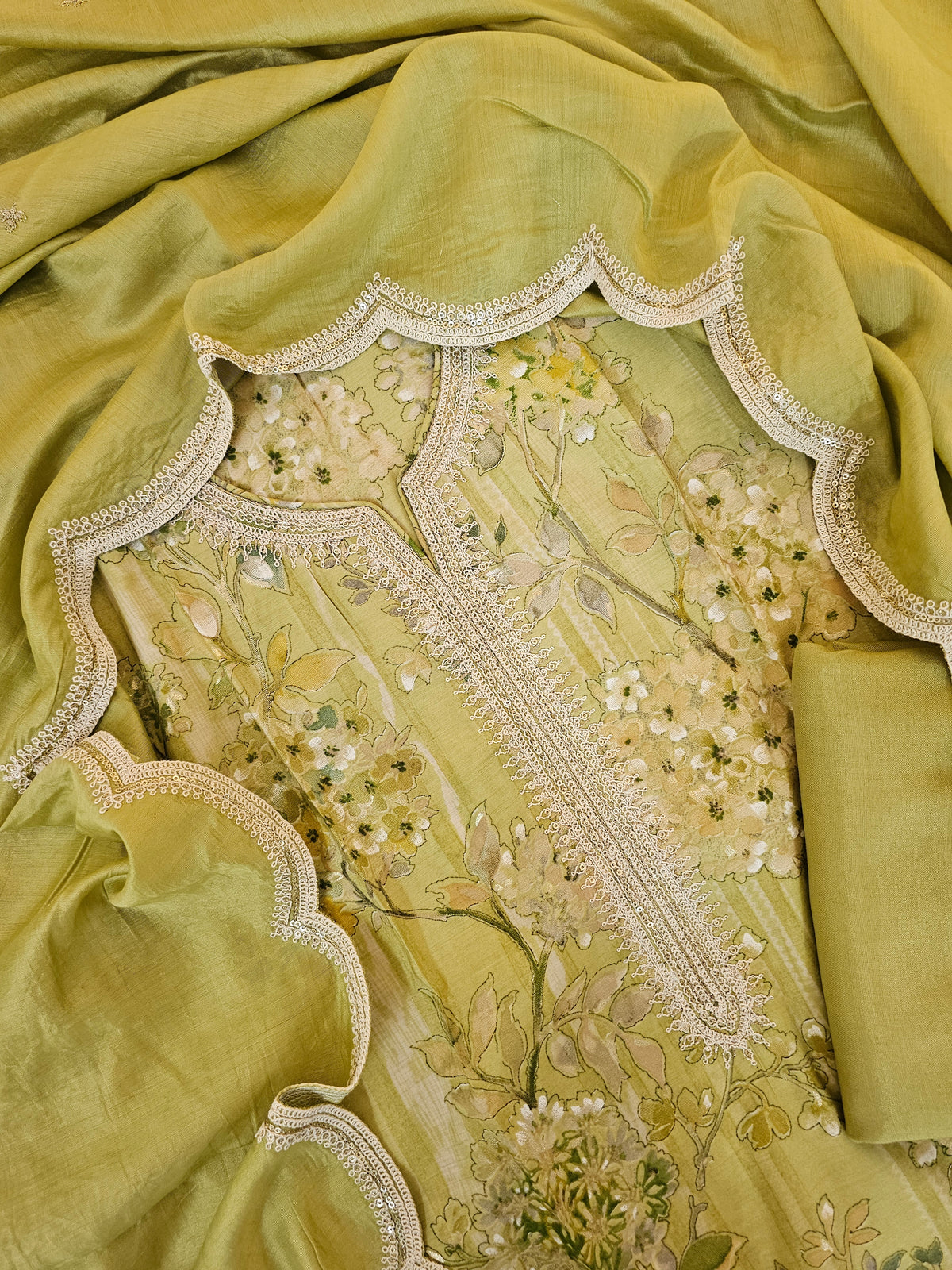 Modal Silk Unstitched Salwar Suit - Olive Green