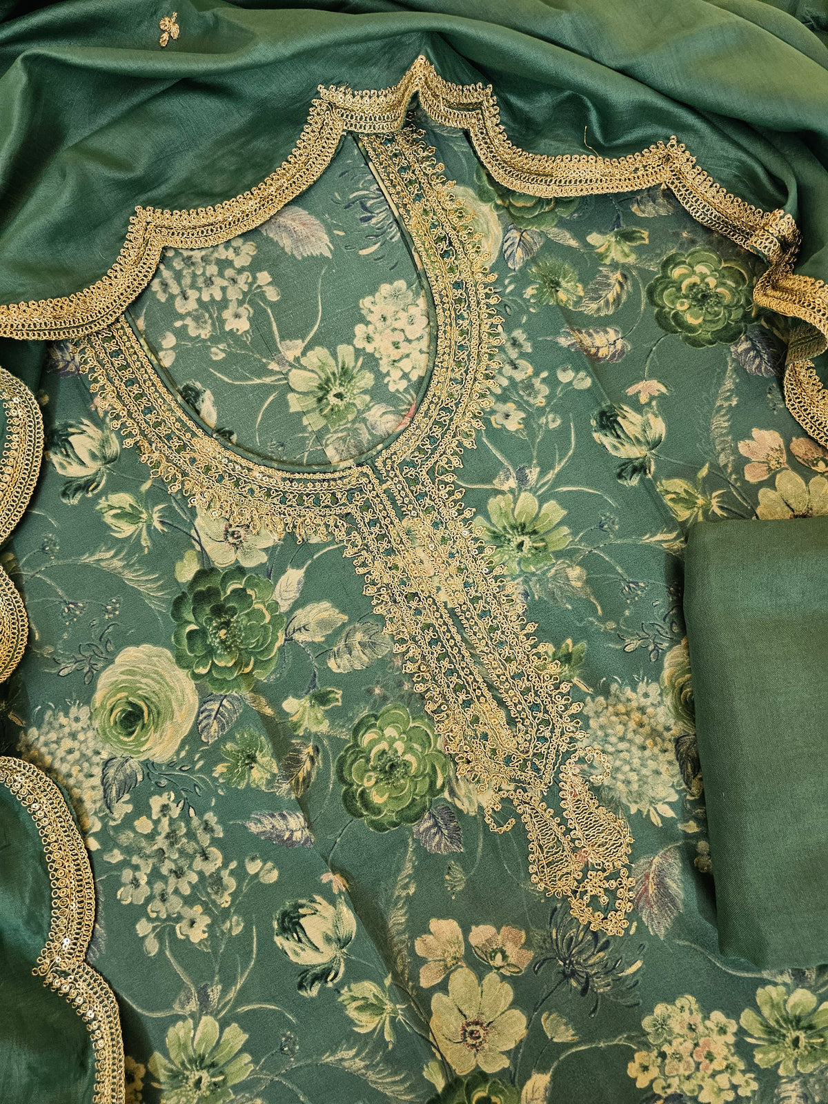 Modal Silk Unstitched Salwar Suit - Dark Sea Green