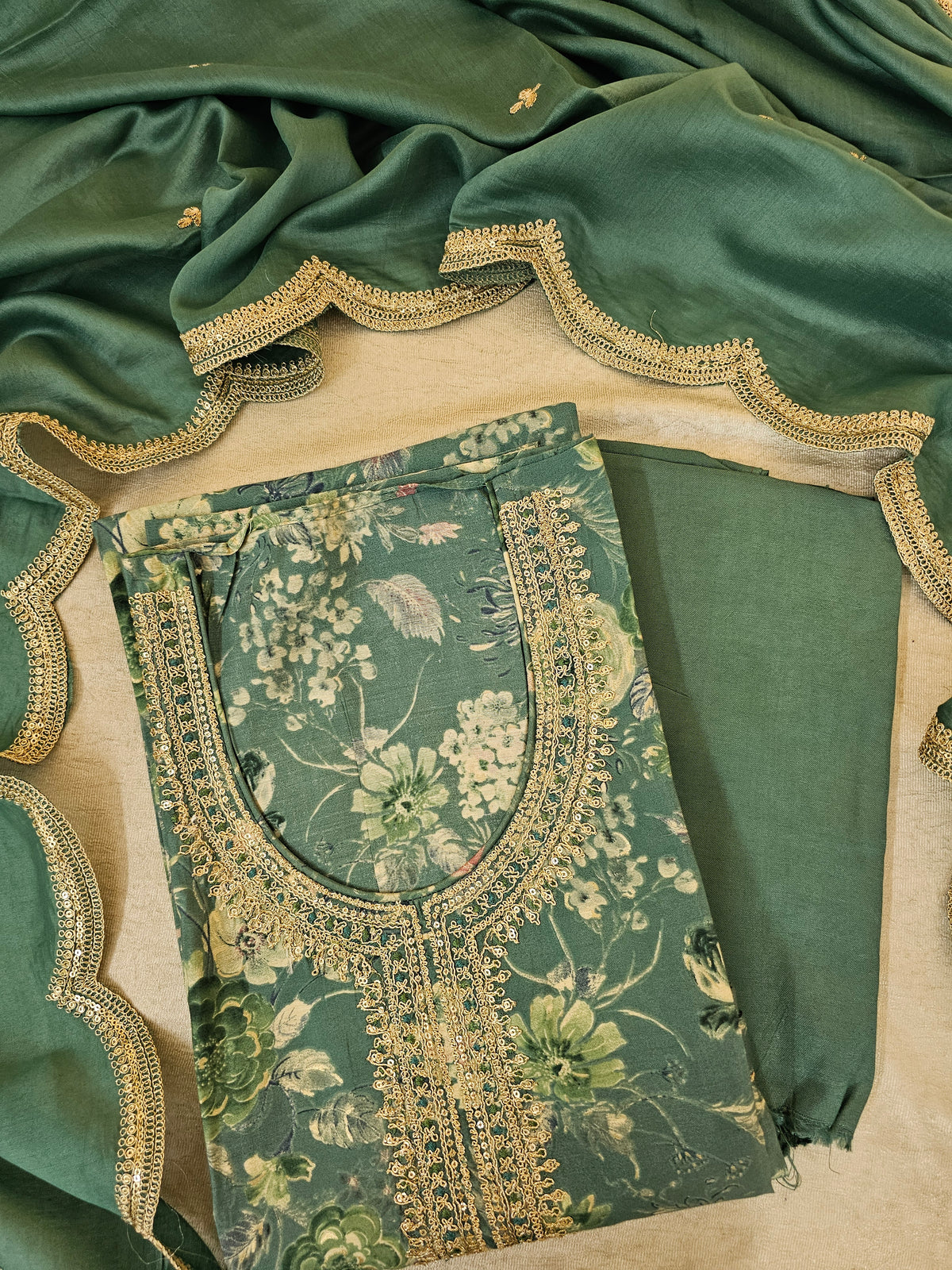 Modal Silk Unstitched Salwar Suit - Dark Sea Green