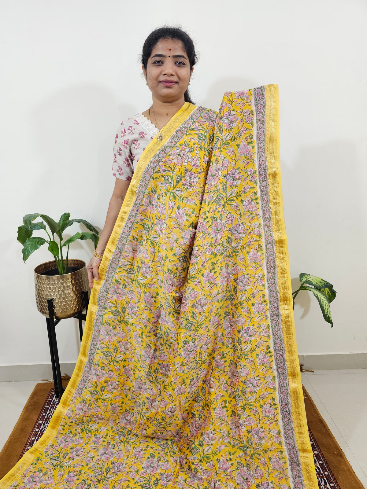 Maheshwari Silk Cotton Hand Block Printed Saree - Yellow