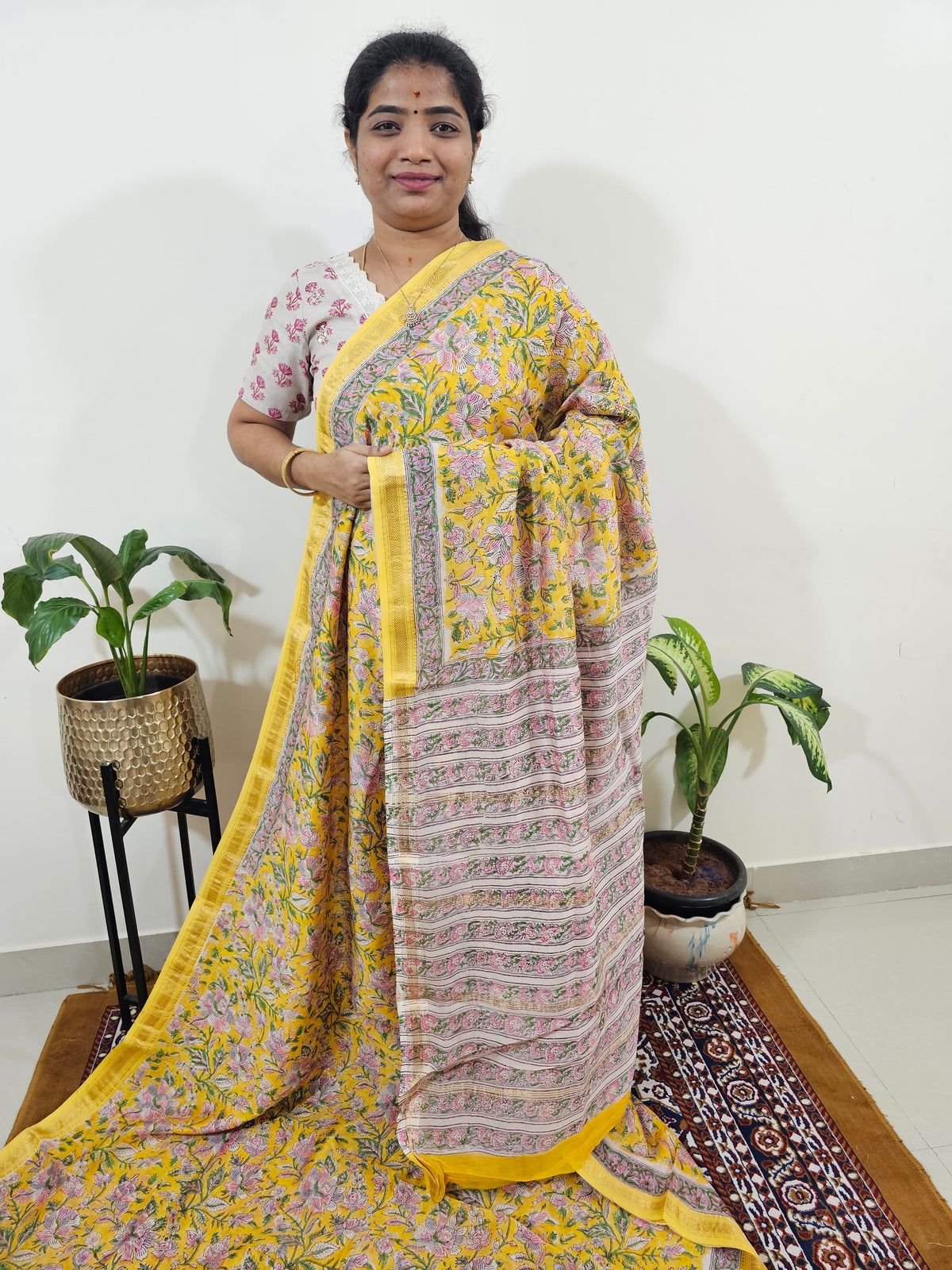 Maheshwari Silk Cotton Hand Block Printed Saree - Yellow
