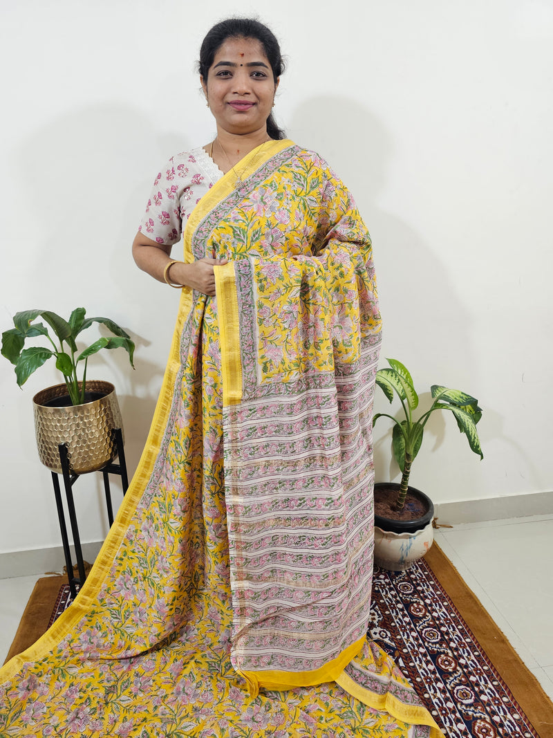 Maheshwari Silk Cotton Hand Block Printed Saree - Yellow