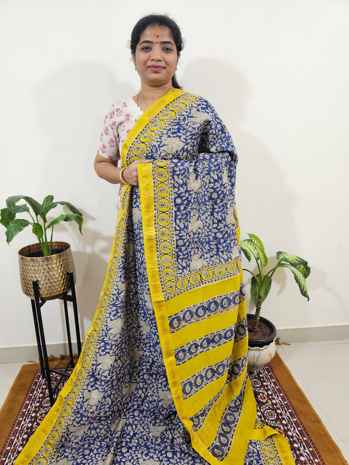 Maheshwari Silk Cotton Hand Block Printed Saree - Blue with Yellow