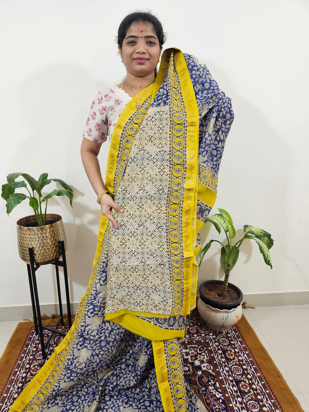 Maheshwari Silk Cotton Hand Block Printed Saree - Blue with Yellow