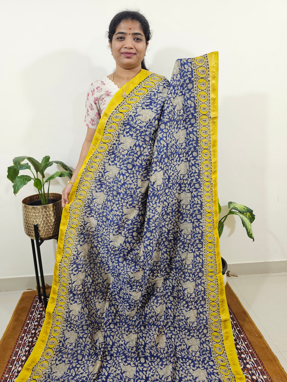 Maheshwari Silk Cotton Hand Block Printed Saree - Blue with Yellow