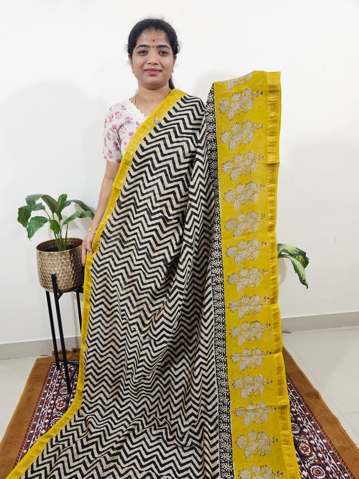 Maheshwari Silk Cotton Hand Block Printed Saree - Black with Yellow