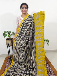 Maheshwari Silk Cotton Hand Block Printed Saree - Black with Yellow