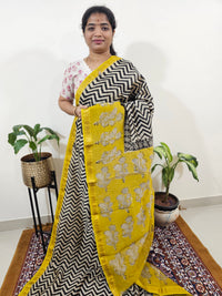Maheshwari Silk Cotton Hand Block Printed Saree - Black with Yellow