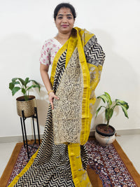 Maheshwari Silk Cotton Hand Block Printed Saree - Black with Yellow