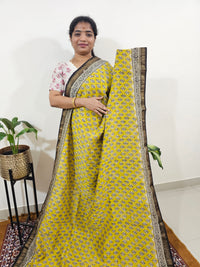 Maheshwari Silk Cotton Hand Block Printed Saree- Yellow with Blue