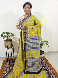 Maheshwari Silk Cotton Hand Block Printed Saree- Yellow with Blue