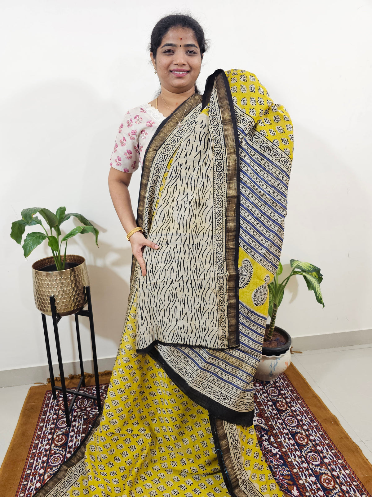 Maheshwari Silk Cotton Hand Block Printed Saree- Yellow with Blue