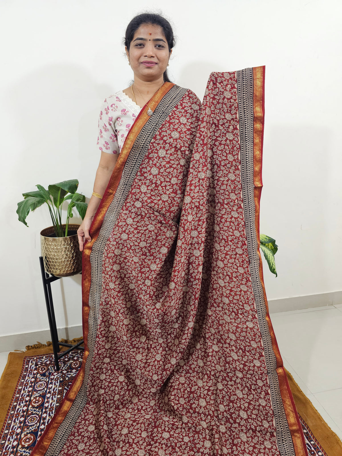 Maheshwari Silk Cotton Hand Block Printed Saree -Red with Black