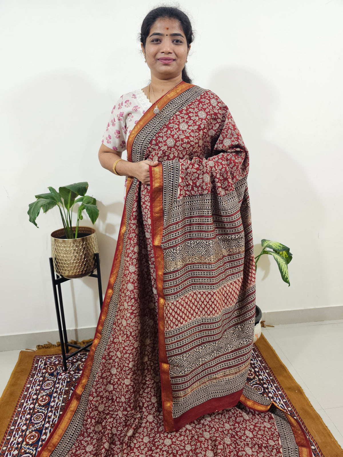 Maheshwari Silk Cotton Hand Block Printed Saree -Red with Black