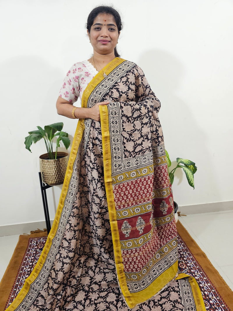 Maheshwari Silk Cotton Hand Block Printed Saree - Black with Yellow