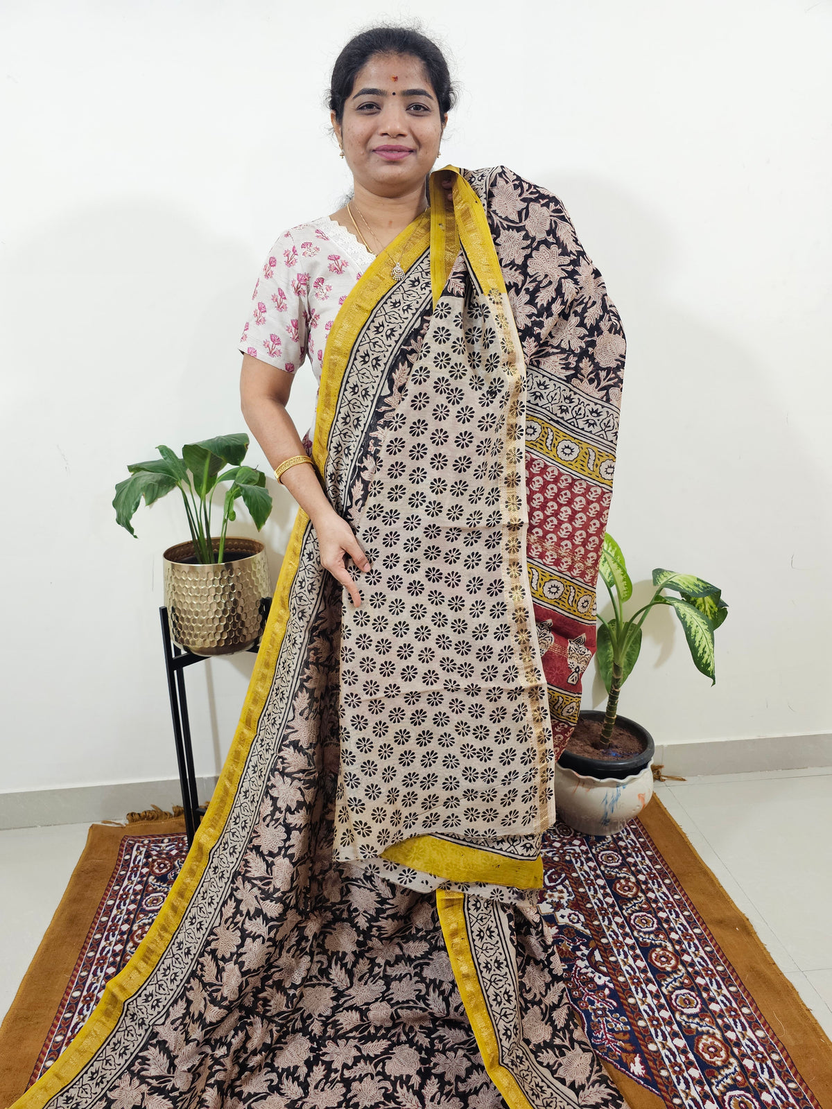 Maheshwari Silk Cotton Hand Block Printed Saree - Black with Yellow