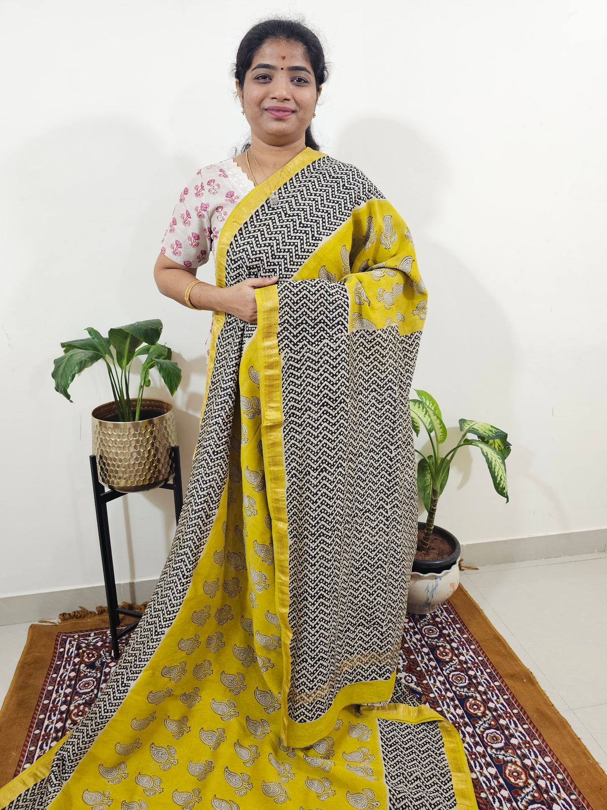 Maheshwari Silk Cotton Hand Block Printed Saree - Yellow with Black
