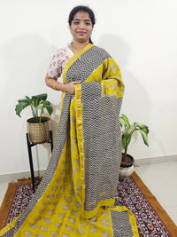 Maheshwari Silk Cotton Hand Block Printed Saree - Yellow with Black