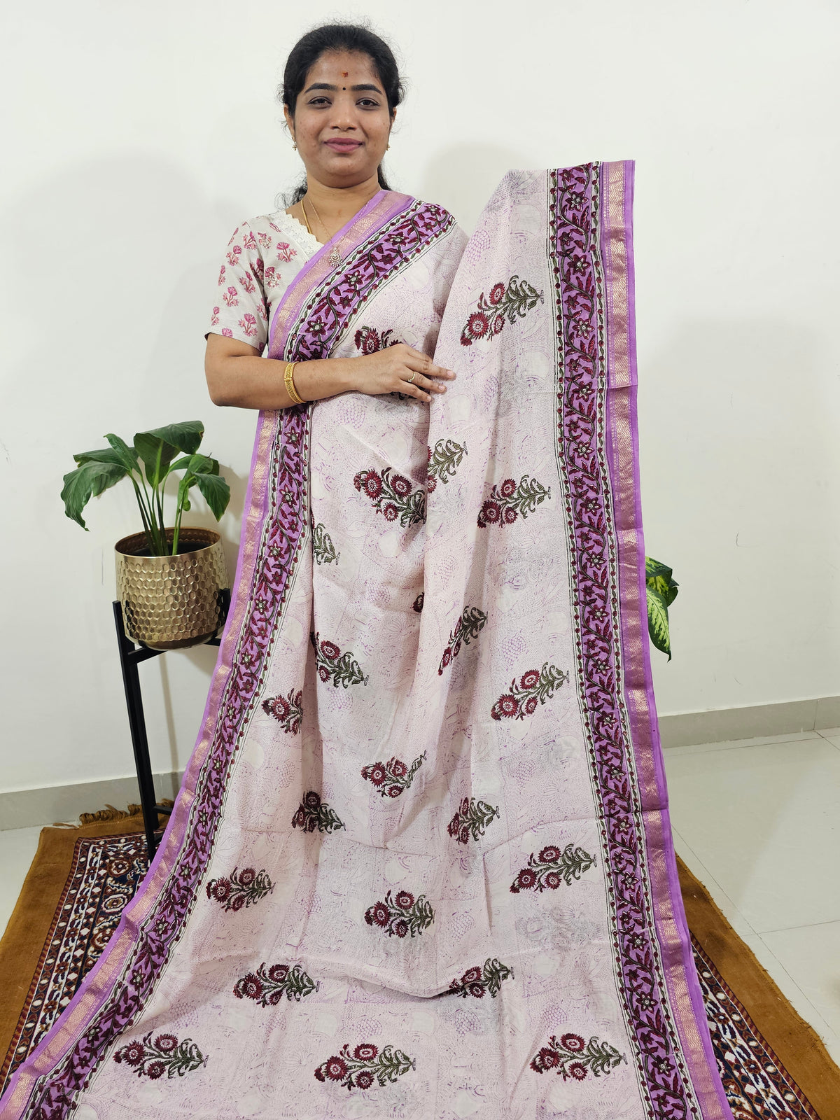 Maheshwari Silk Cotton Hand Block Printed Saree - Cream with Purple