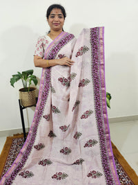 Maheshwari Silk Cotton Hand Block Printed Saree - Cream with Purple