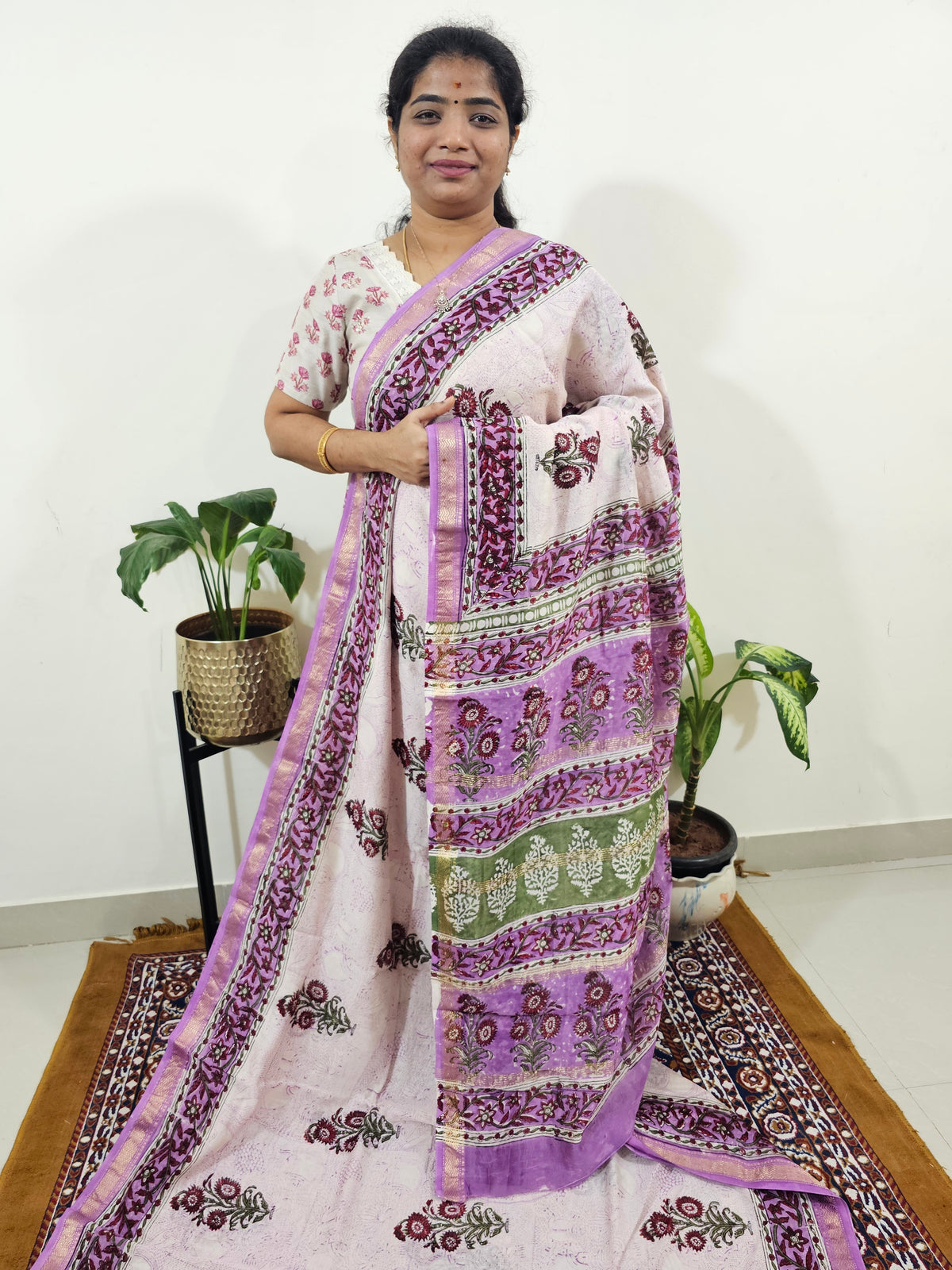Maheshwari Silk Cotton Hand Block Printed Saree - Cream with Purple