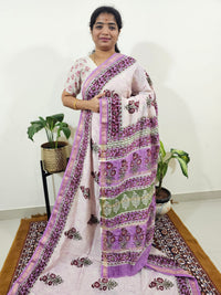 Maheshwari Silk Cotton Hand Block Printed Saree - Cream with Purple