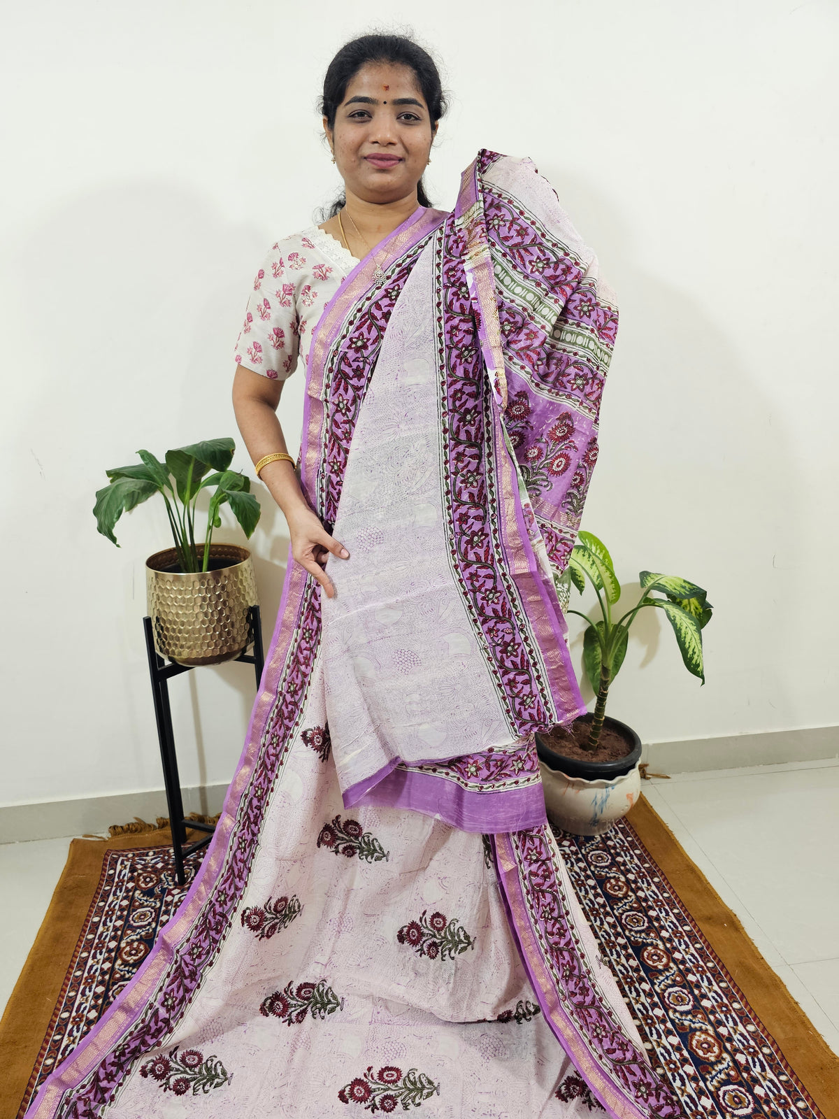 Maheshwari Silk Cotton Hand Block Printed Saree - Cream with Purple
