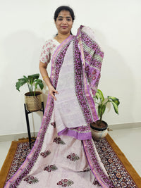 Maheshwari Silk Cotton Hand Block Printed Saree - Cream with Purple