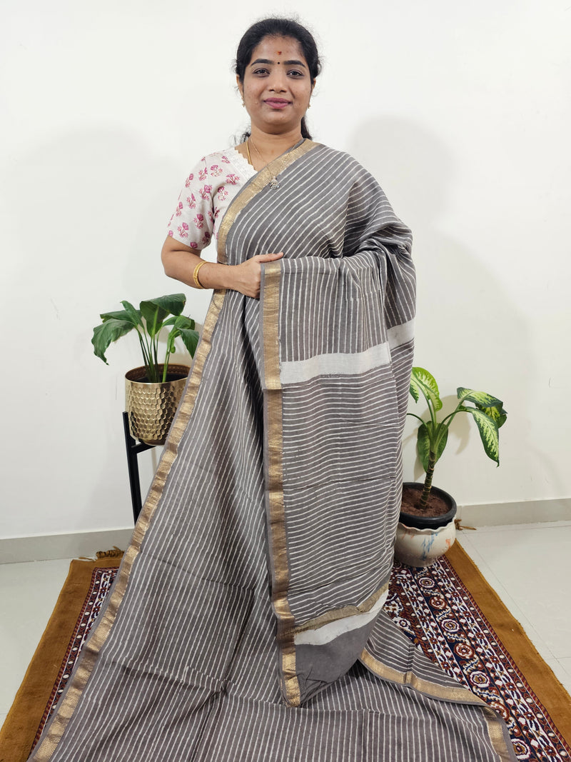 Maheshwari Silk Cotton Hand Block Printed Saree - Grey