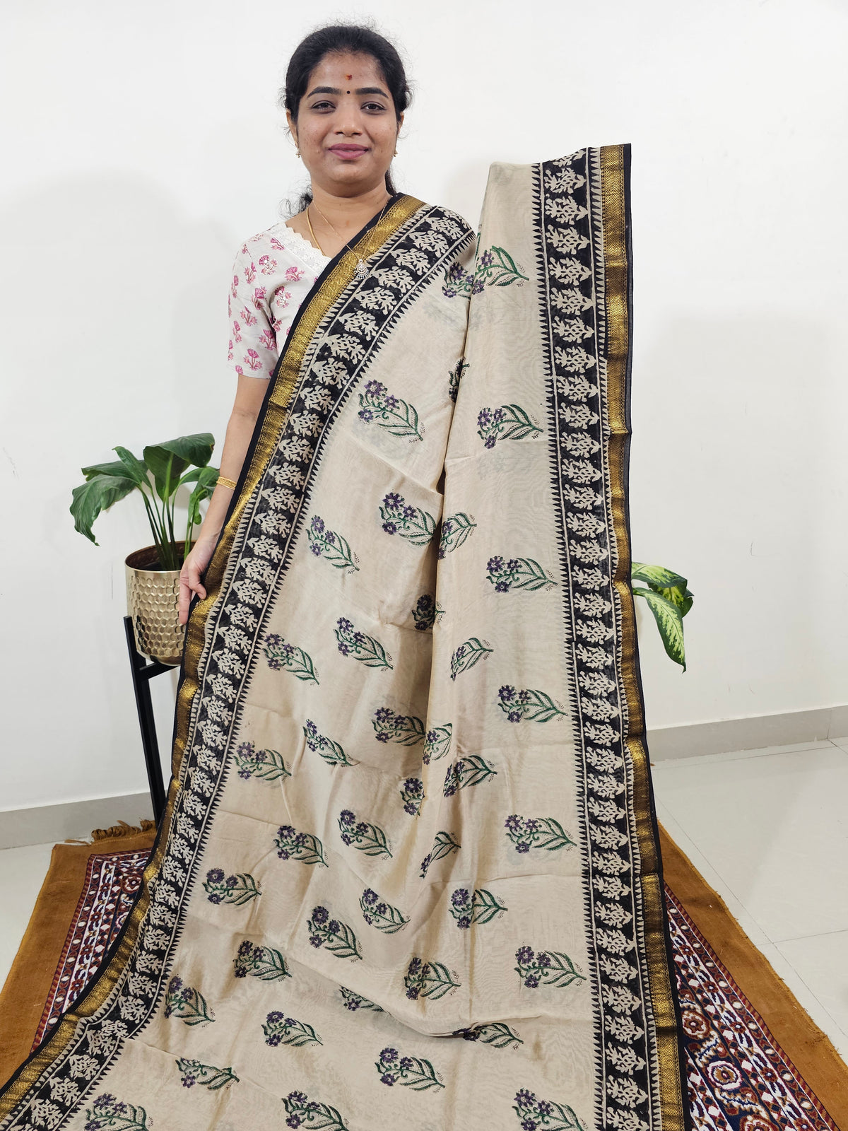 Maheshwari Silk Cotton Hand Block Printed Saree - Cream with Black